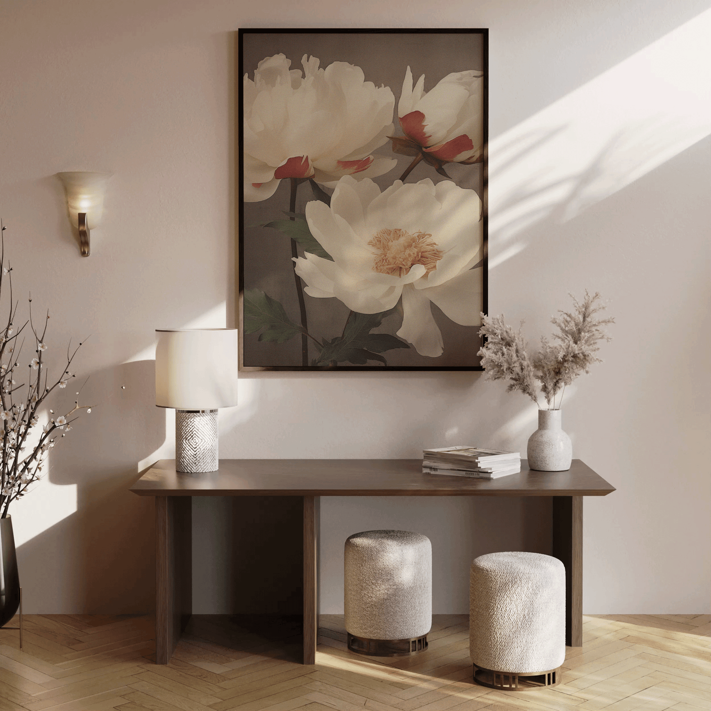 White lotus floral canvas wall art styled above entryway console table