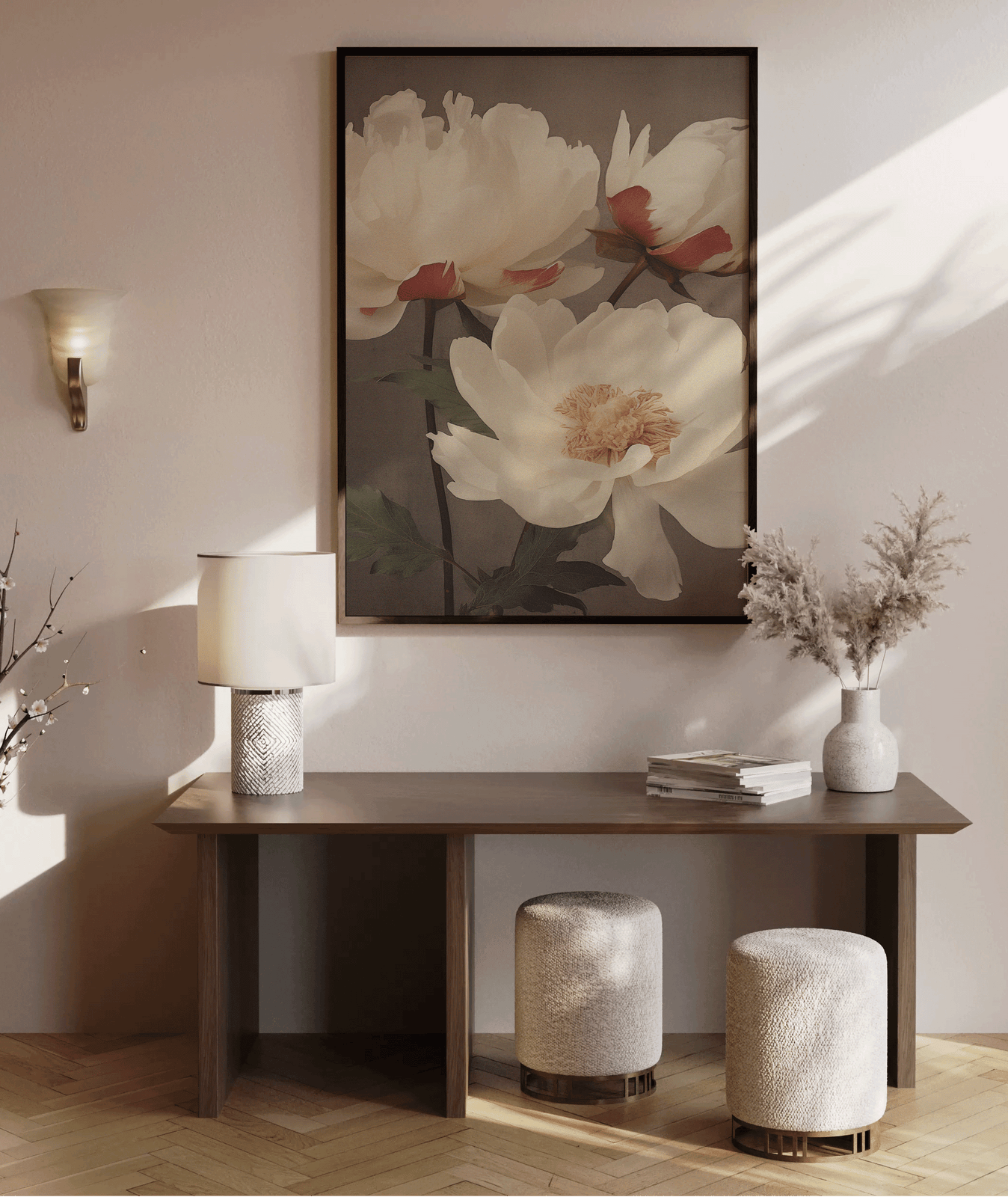 Large framed white lotus moody floral canvas wall art styled above wooden console table in an entryway or hallway