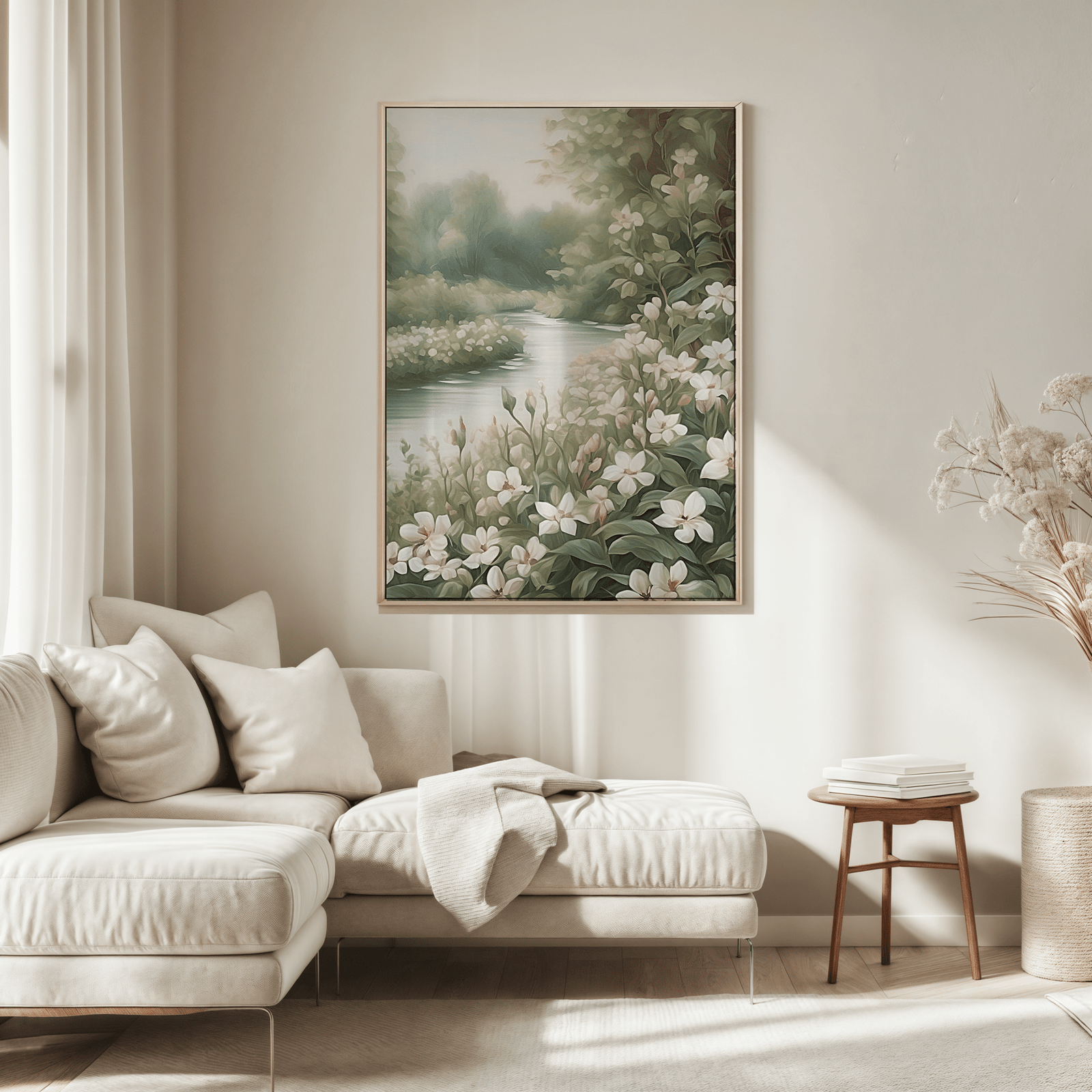 Framed botanical wall art hanging above a beige sofa in a living room