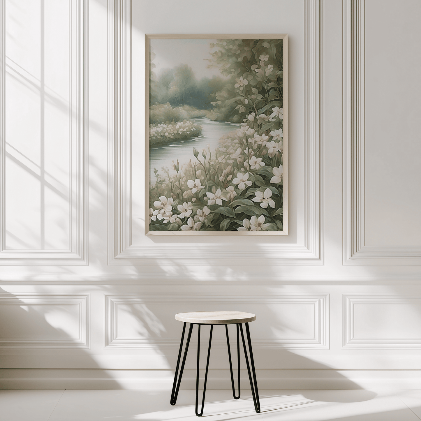 Botanical wall art in natural frame displayed in a minimalist white panelled room