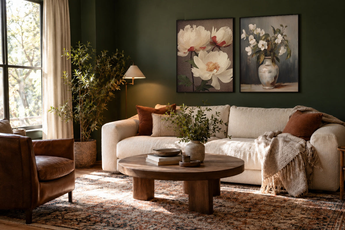 Vintage floral still life wall art of white flowers in a ceramic vase in a thin black frame, paired with white lotus art above a cream sofa in a forest green living room