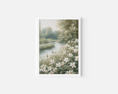 Botanical wall art print in white frame with floral river landscape