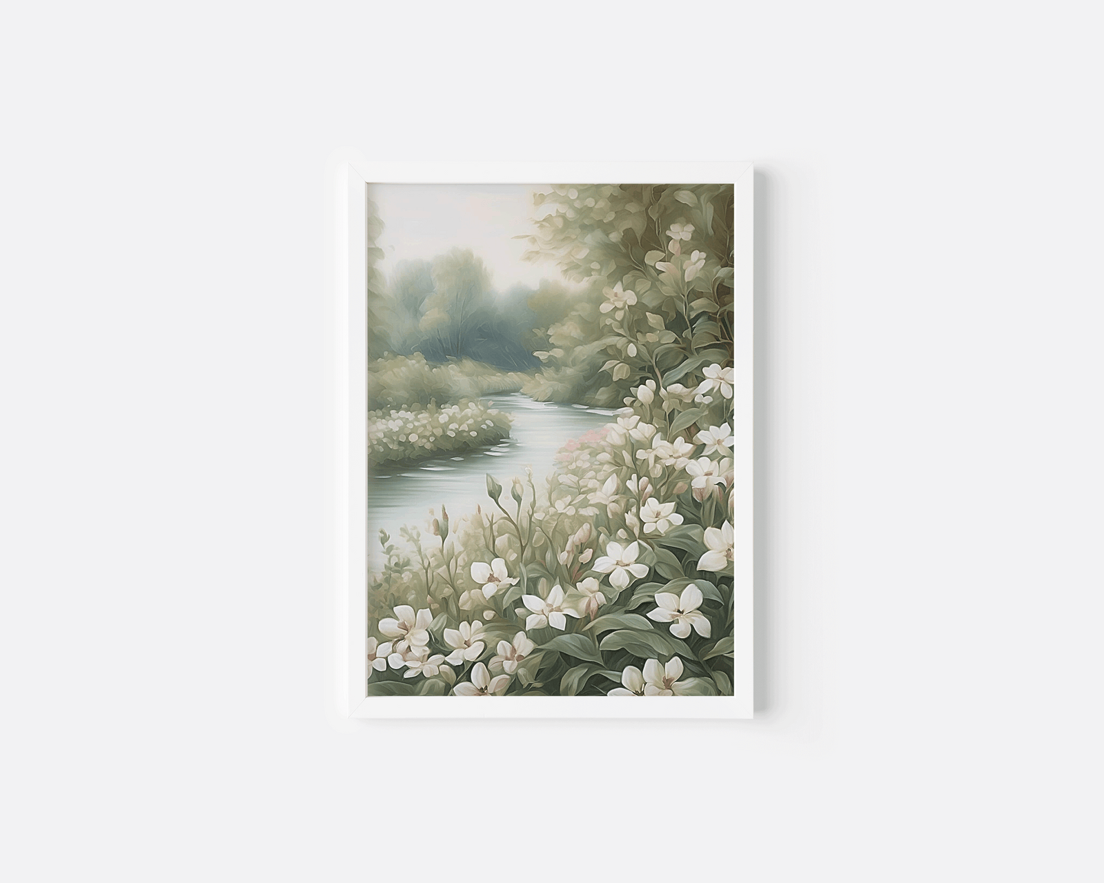 Botanical wall art print in white frame with floral river landscape