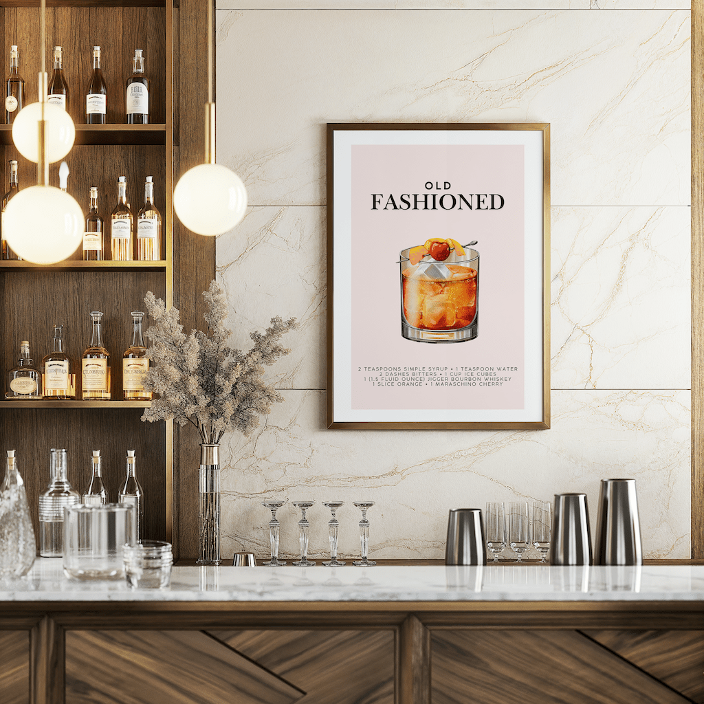 Bourbon cocktail print on a marble wall in a home bar with lit liquor shelves