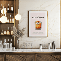Bourbon cocktail print on a marble wall in a home bar with lit liquor shelves