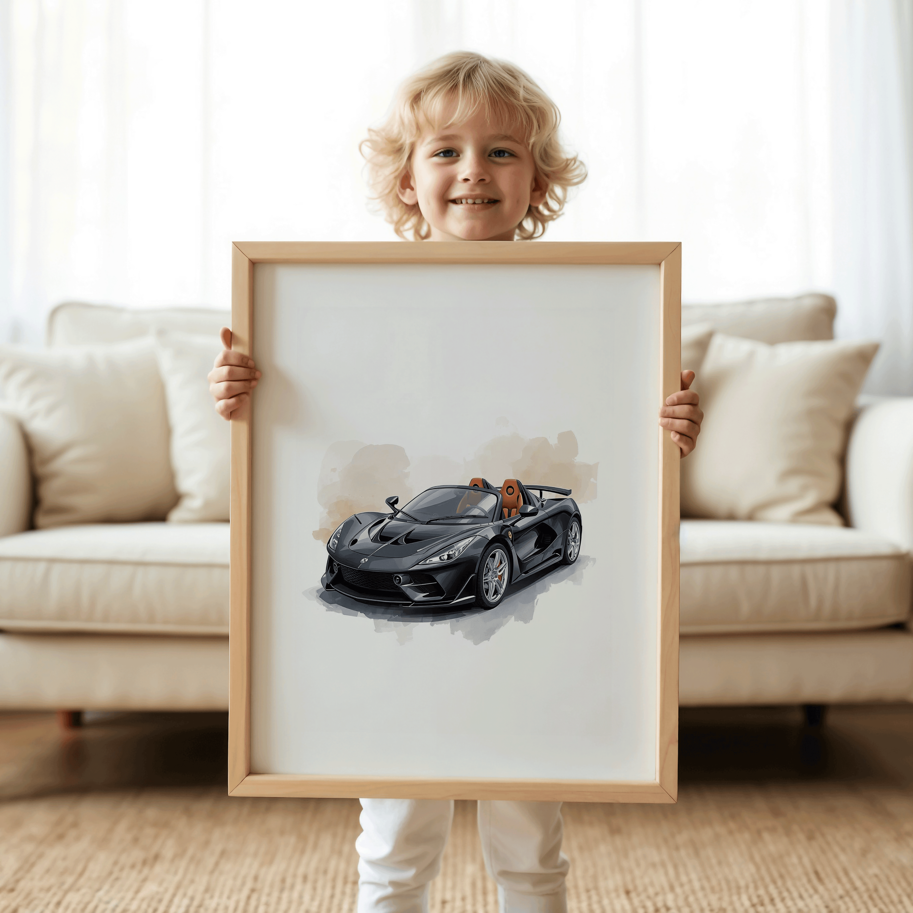 Smiling young boy holding a large framed black sports car watercolor print, showing sleek curved body lines, bright wheels, glossy finish, and playful watercolor shading; perfect for toddlers who enjoy hot wheels car wall art