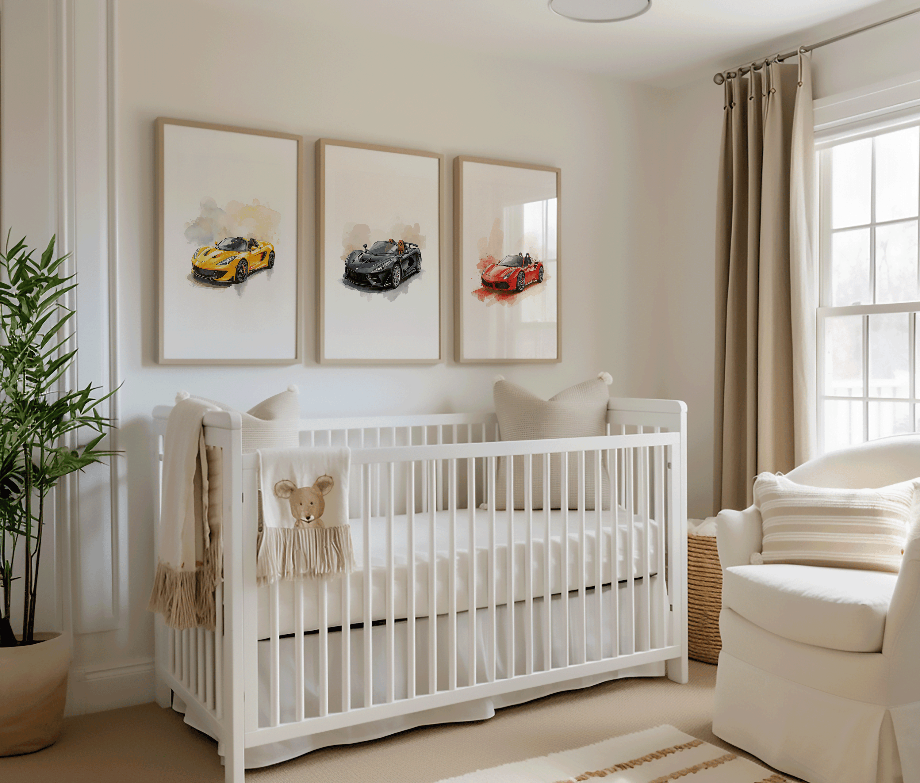 Watercolor sports car trio displayed above a white baby crib in a beige boys nursery, featuring yellow, black, and red children’s race cars painted with splattered watercolor textures, soft shadows, and smooth pastel washes; resembles hot wheels car wall art for toddlers