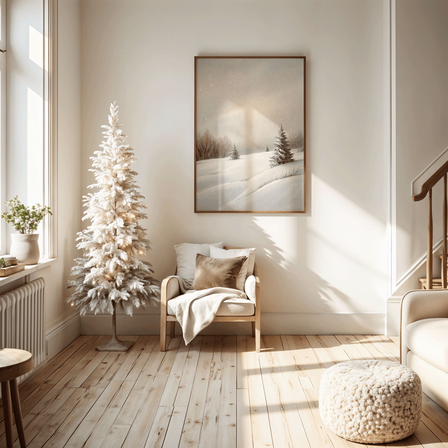 Neutral snowy forest landscape canvas wall art framed in a bright, airy entryway with a white Christmas tree, soft wooden floors, and natural light for a cottage-inspired winter home aesthetic
