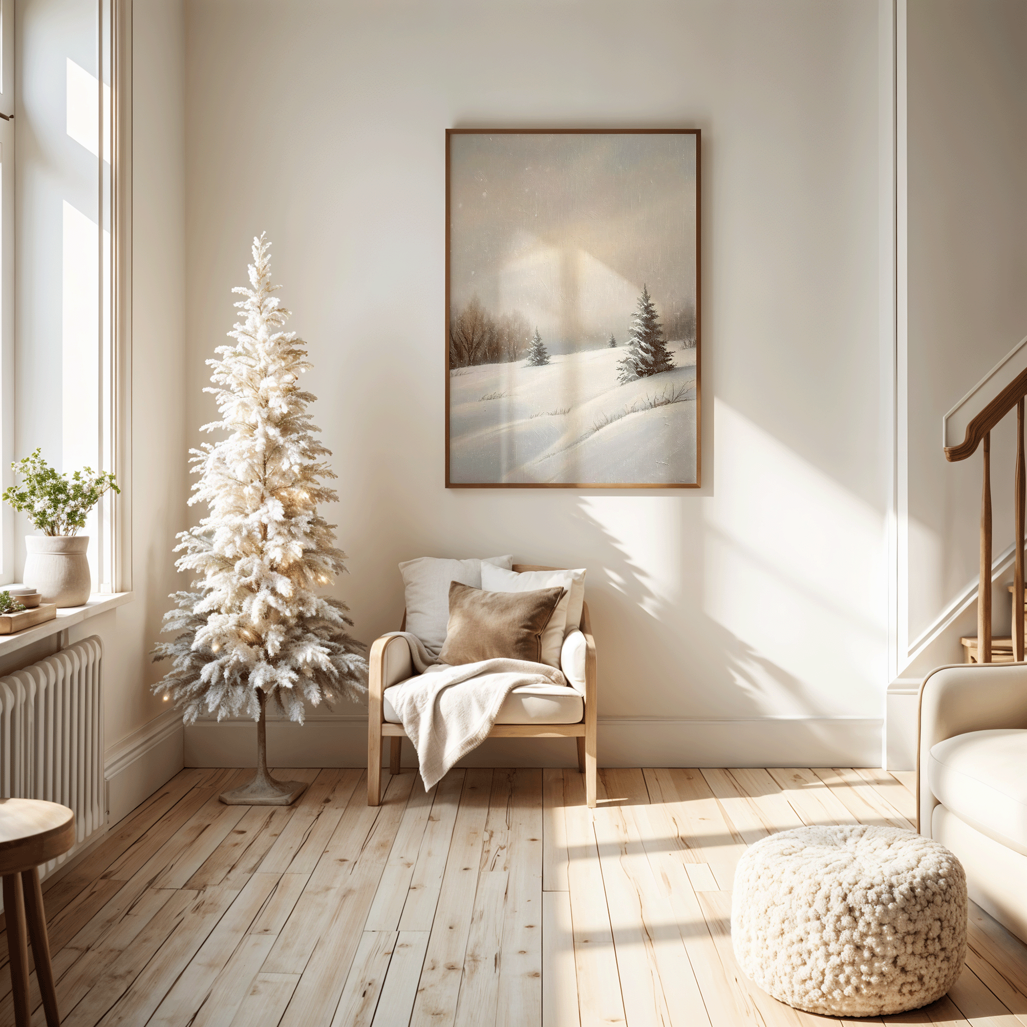 Neutral snowy forest landscape canvas wall art framed in a bright, airy entryway with a white Christmas tree, soft wooden floors, and natural light for a cottage-inspired winter home aesthetic