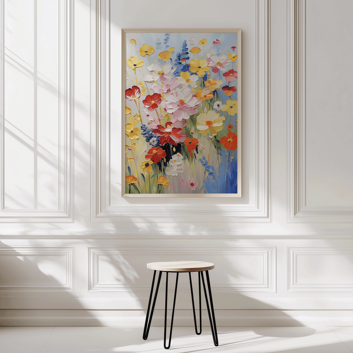 Bright floral canvas wall art with wildflowers styled in a white paneled hallway