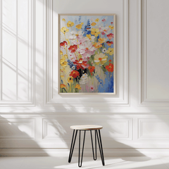 Bright floral canvas wall art with wildflowers styled in a white paneled hallway