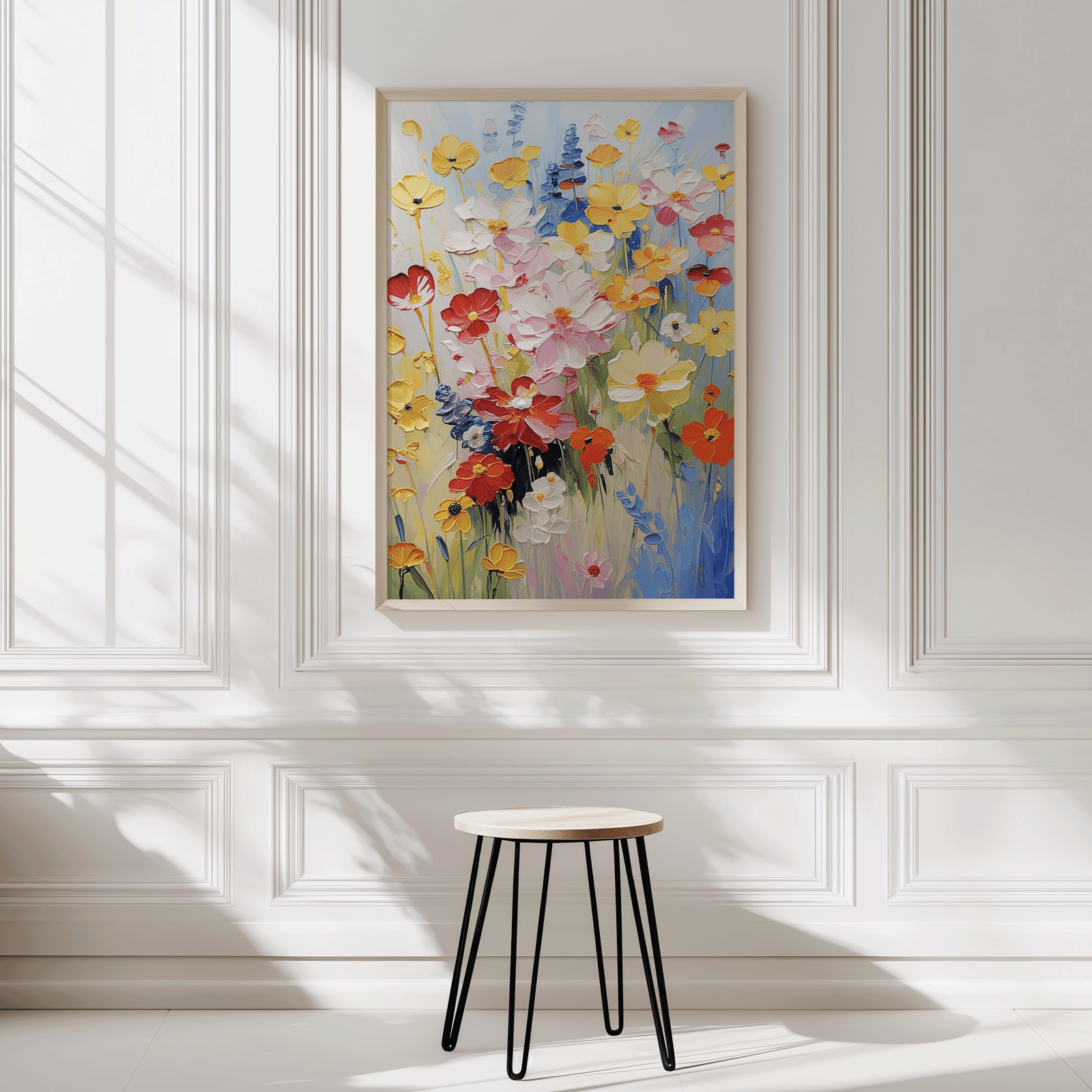 Bright floral canvas wall art with wildflowers styled in a white paneled hallway