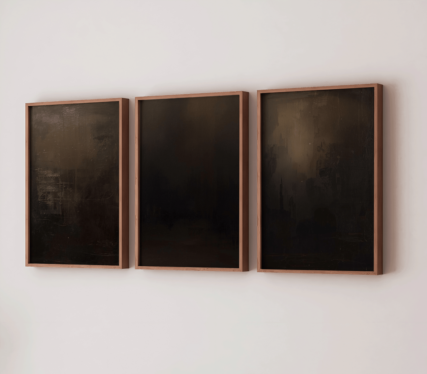 triptych set of minimal dark abstract artworks in warm wood frames featuring black, charcoal and muted bronze-brown tones, perfect for hallways, bedrooms or modern rustic interiors