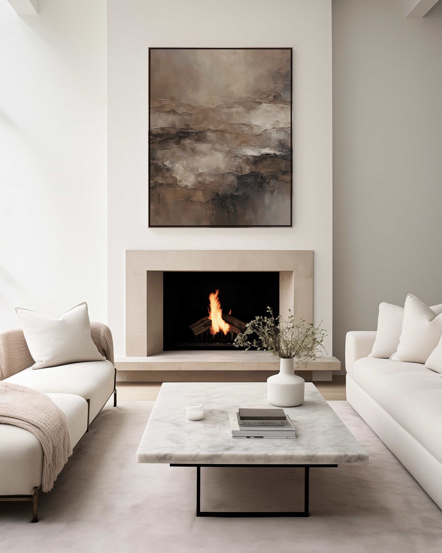 Large brown abstract wall art with beige tones styled in a neutral living room above a fireplace