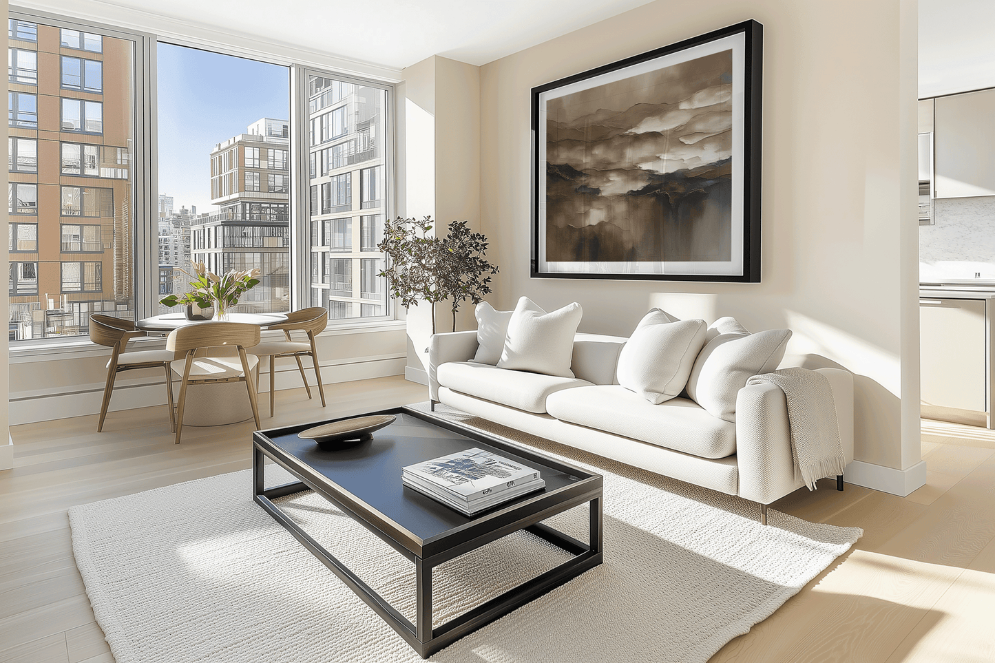 Brown abstract landscape print in a black frame above a white sofa in a bright modern apartment