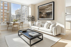 Brown abstract landscape print in a black frame above a white sofa in a bright modern apartment