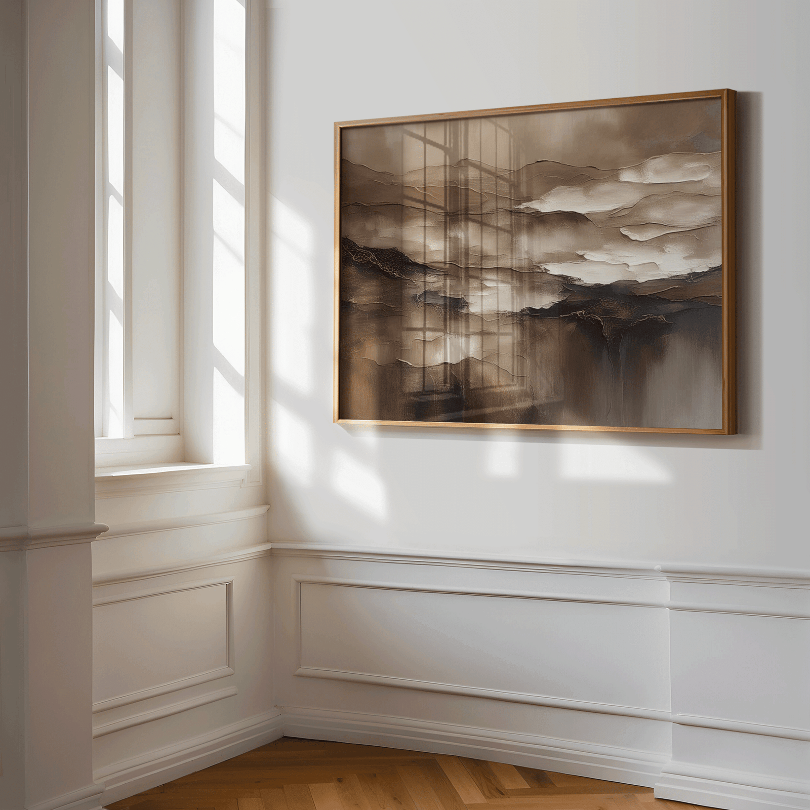 Brown abstract wall art in a wood frame on a sunlit panelled wall