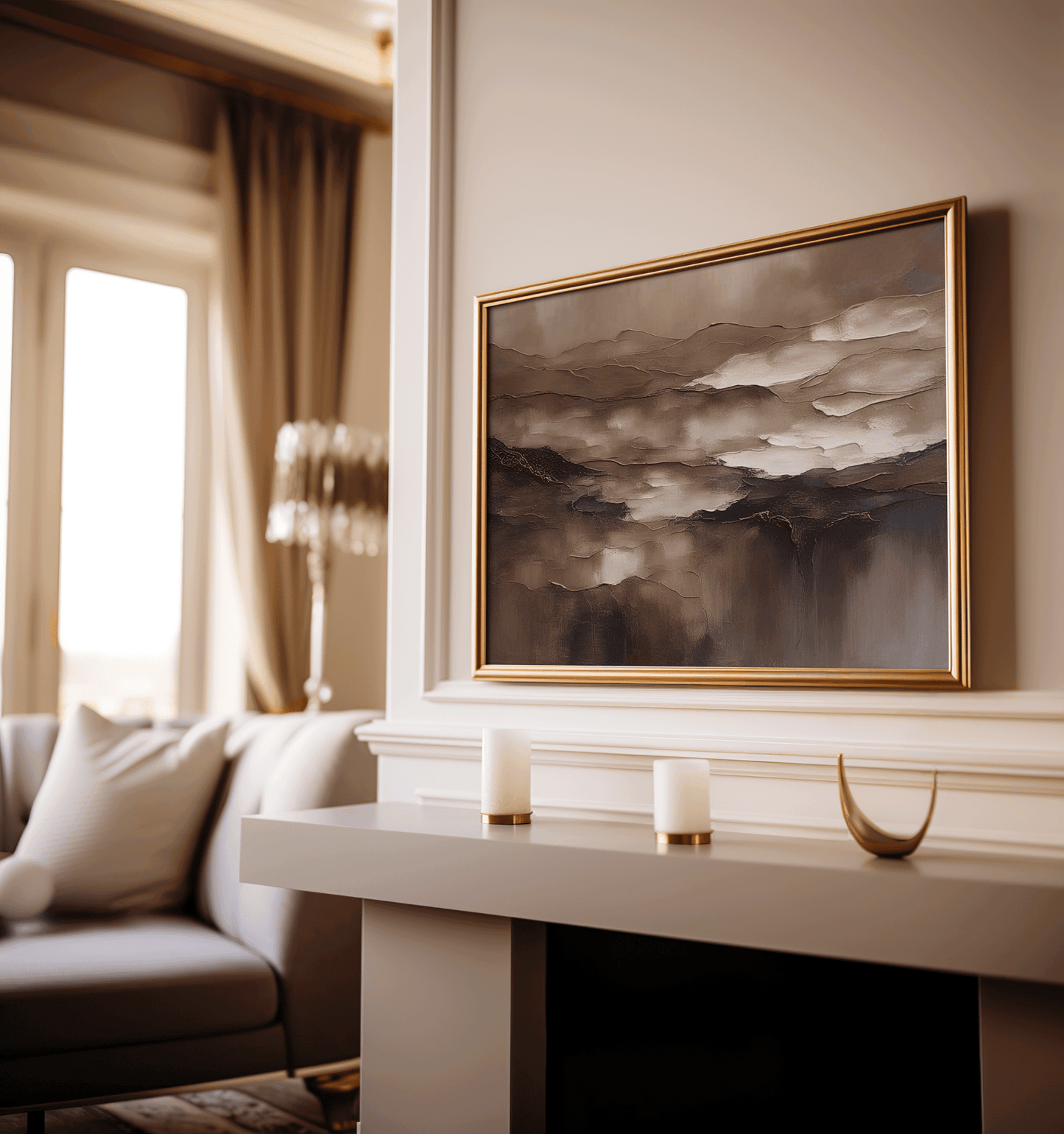 Brown and beige abstract art in a gold frame above a white fireplace mantel