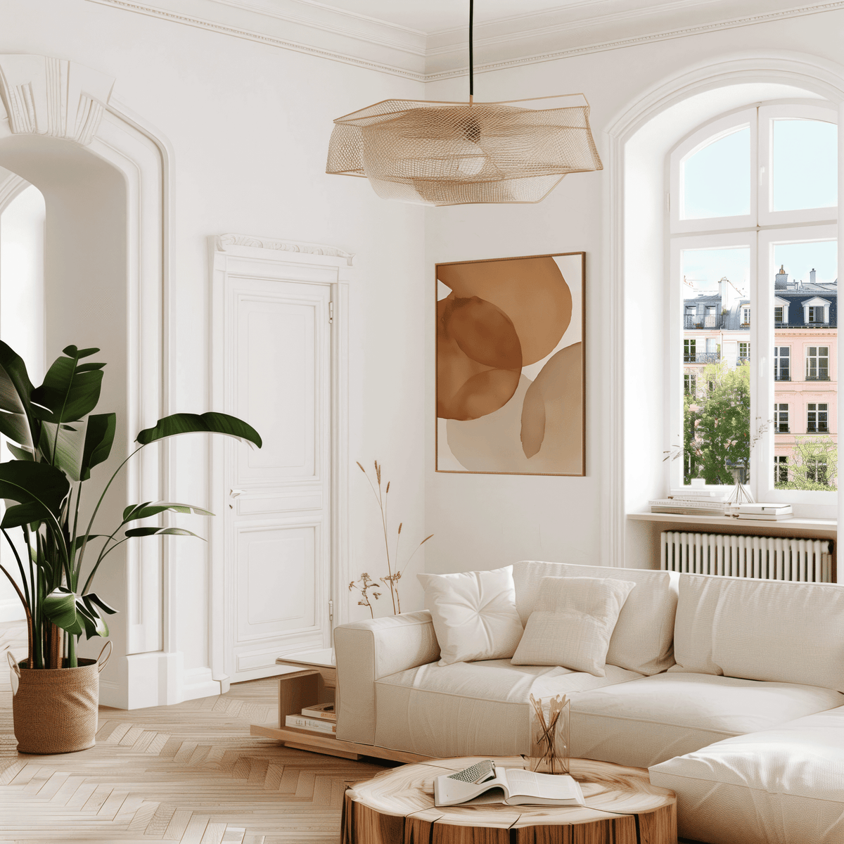 Rust brown, cream, beige, burnt orange watercolor abstract wall art framed and styled in airy white living room with natural light