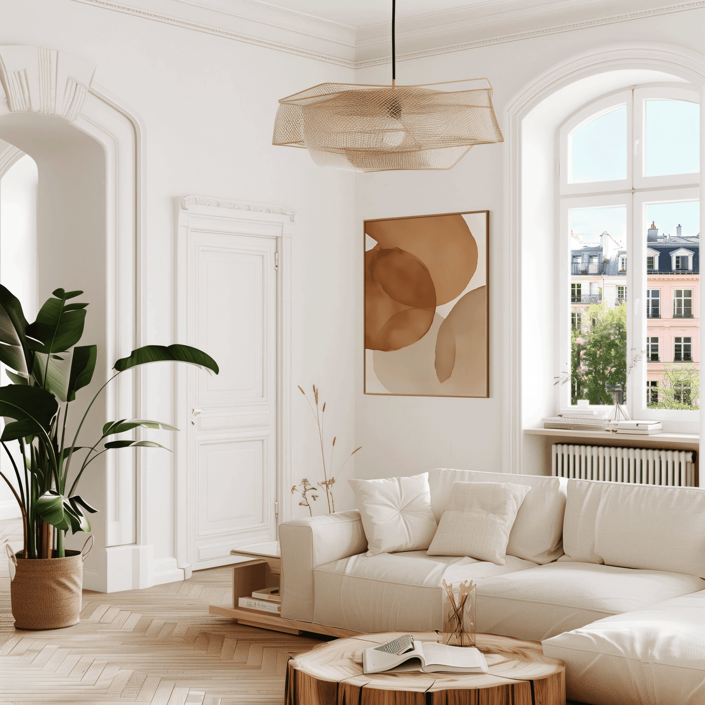 Rust brown, cream, beige, burnt orange watercolor abstract wall art framed and styled in airy white living room with natural light