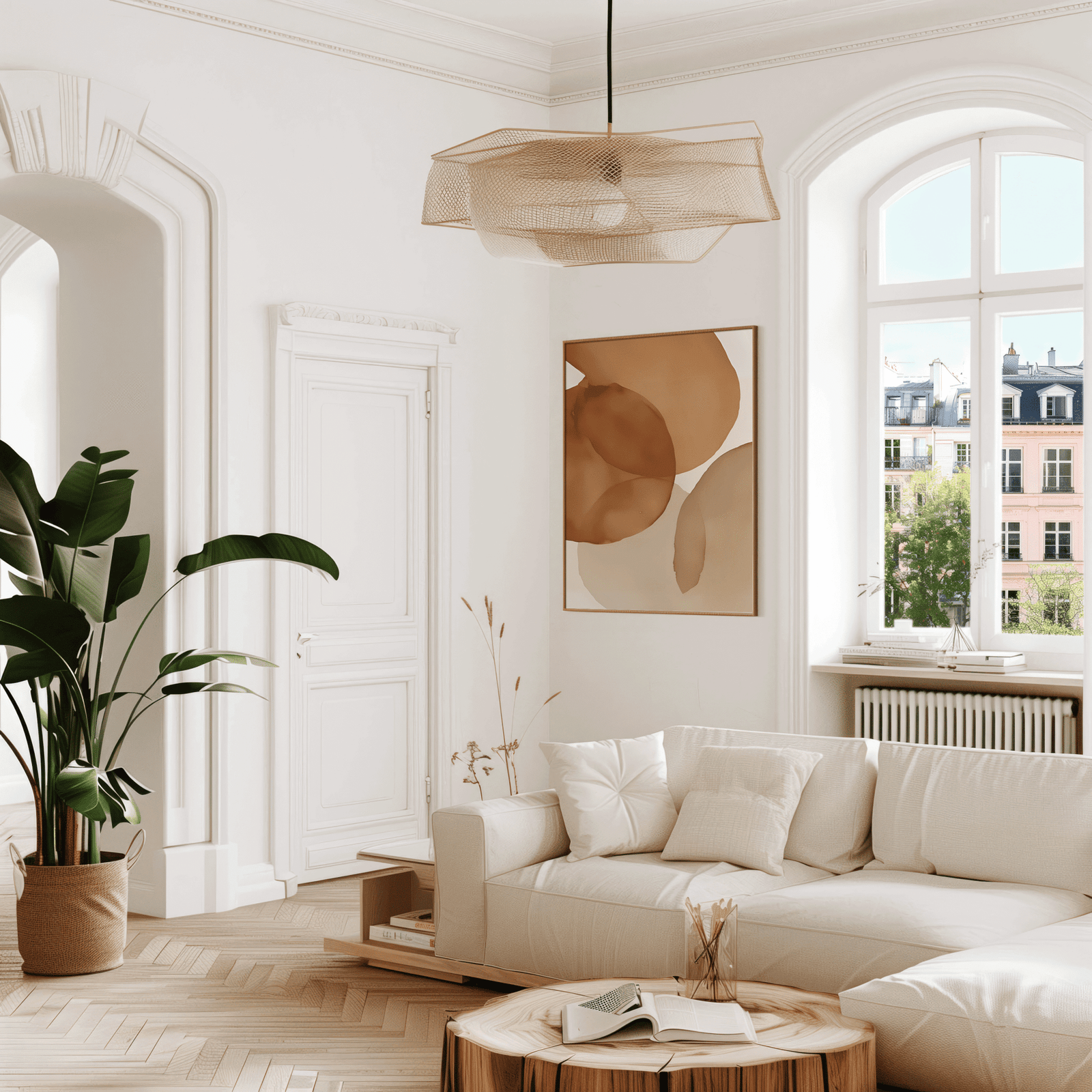 Rust brown, cream, beige, burnt orange watercolor abstract wall art framed and styled in airy white living room with natural light