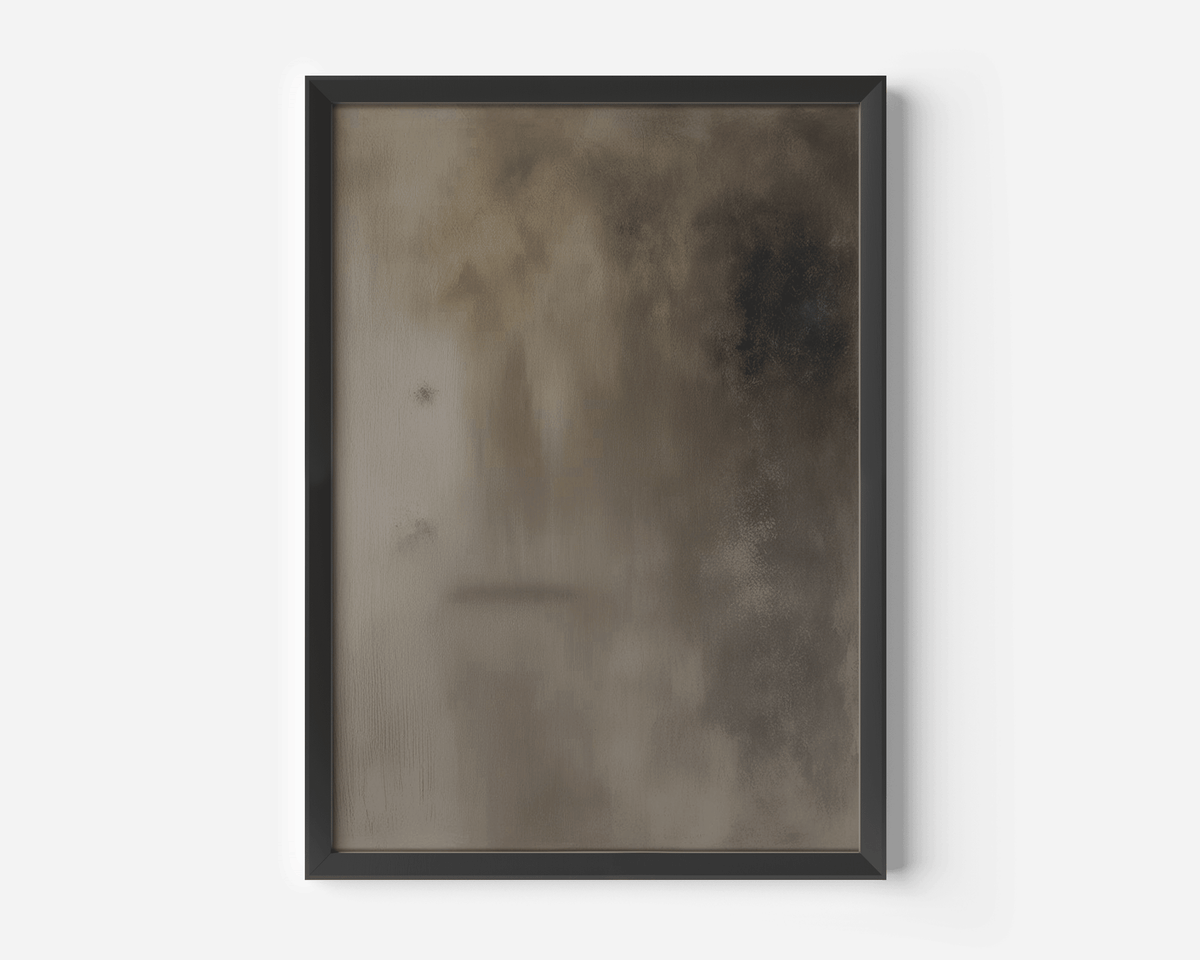 Close-up of moody brown earthy abstract wall art in black modern frame against a white wall