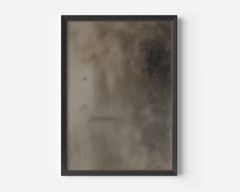 Close-up of moody brown earthy abstract wall art in black modern frame against a white wall