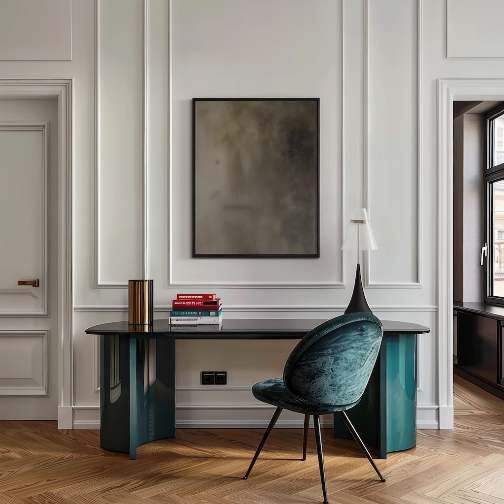 Moody brown and grey earthy abstract wall art framed in black, styled above home office desk with a green velvet chair