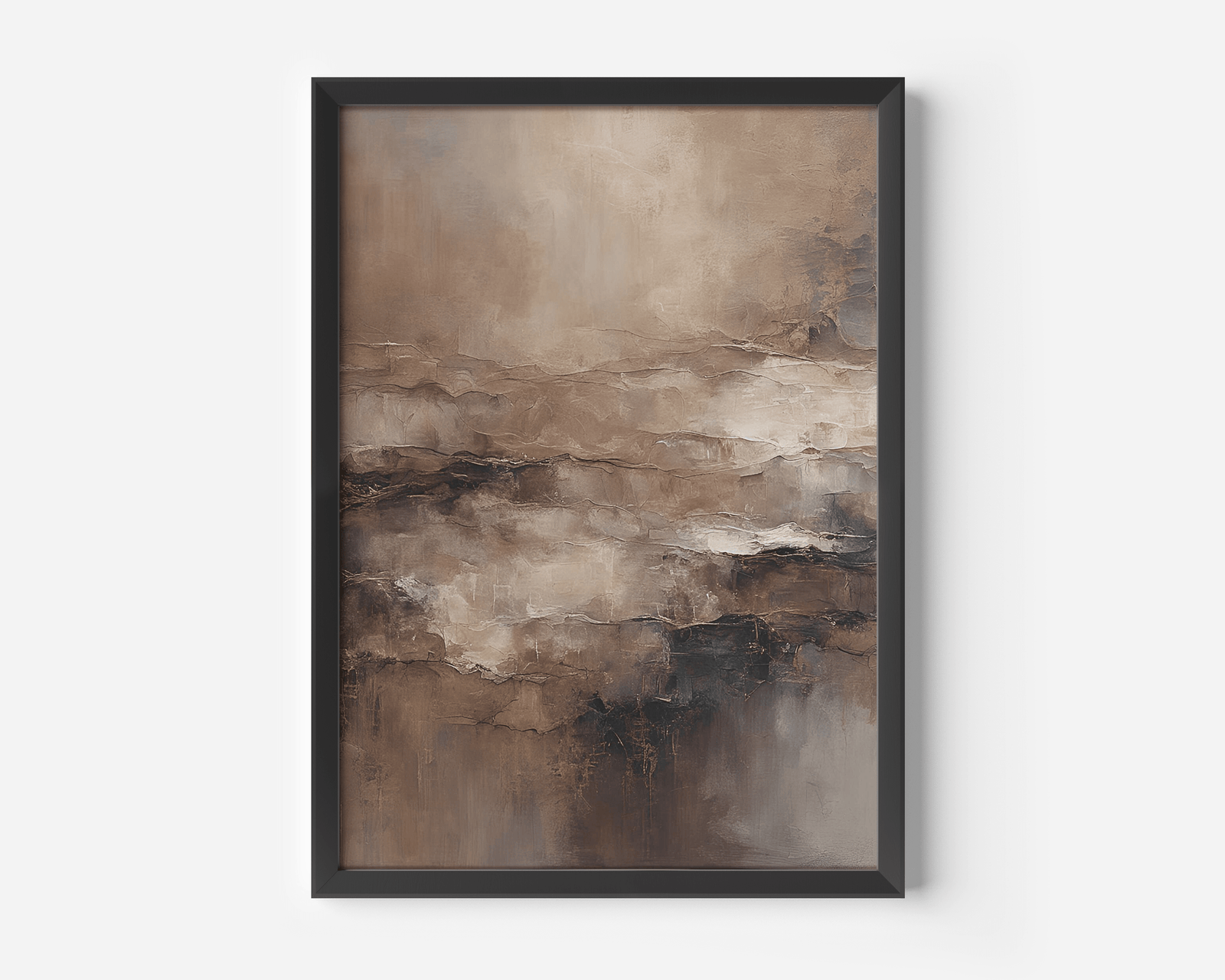Close-up of a brown and beige faux-textured moody abstract wall art prints framed in black frame on a while wall