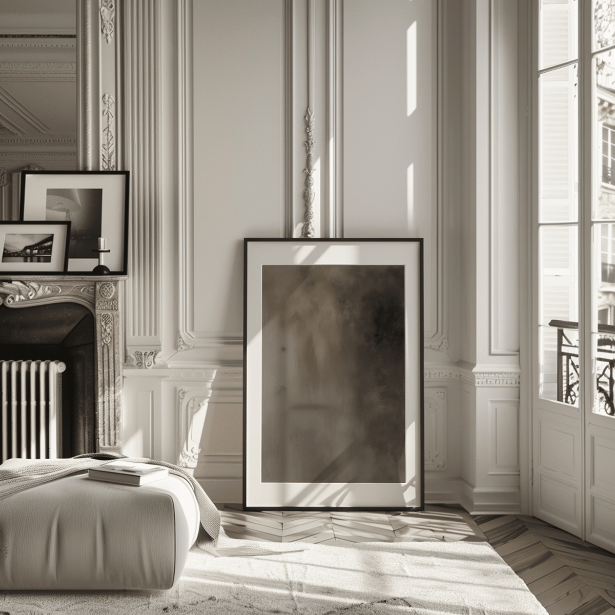 Framed moody earthy brown abstract wall art leaning on floor in modern, neutral living room beside a fireplace