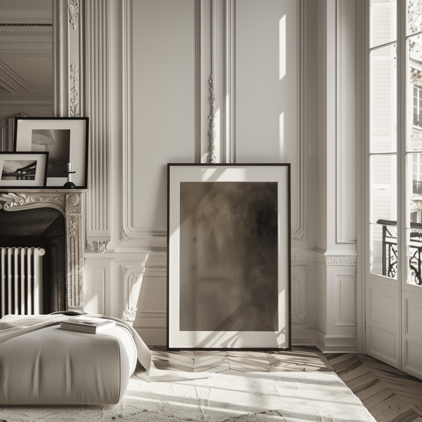 Framed moody earthy brown abstract wall art leaning on floor in modern, neutral living room beside a fireplace
