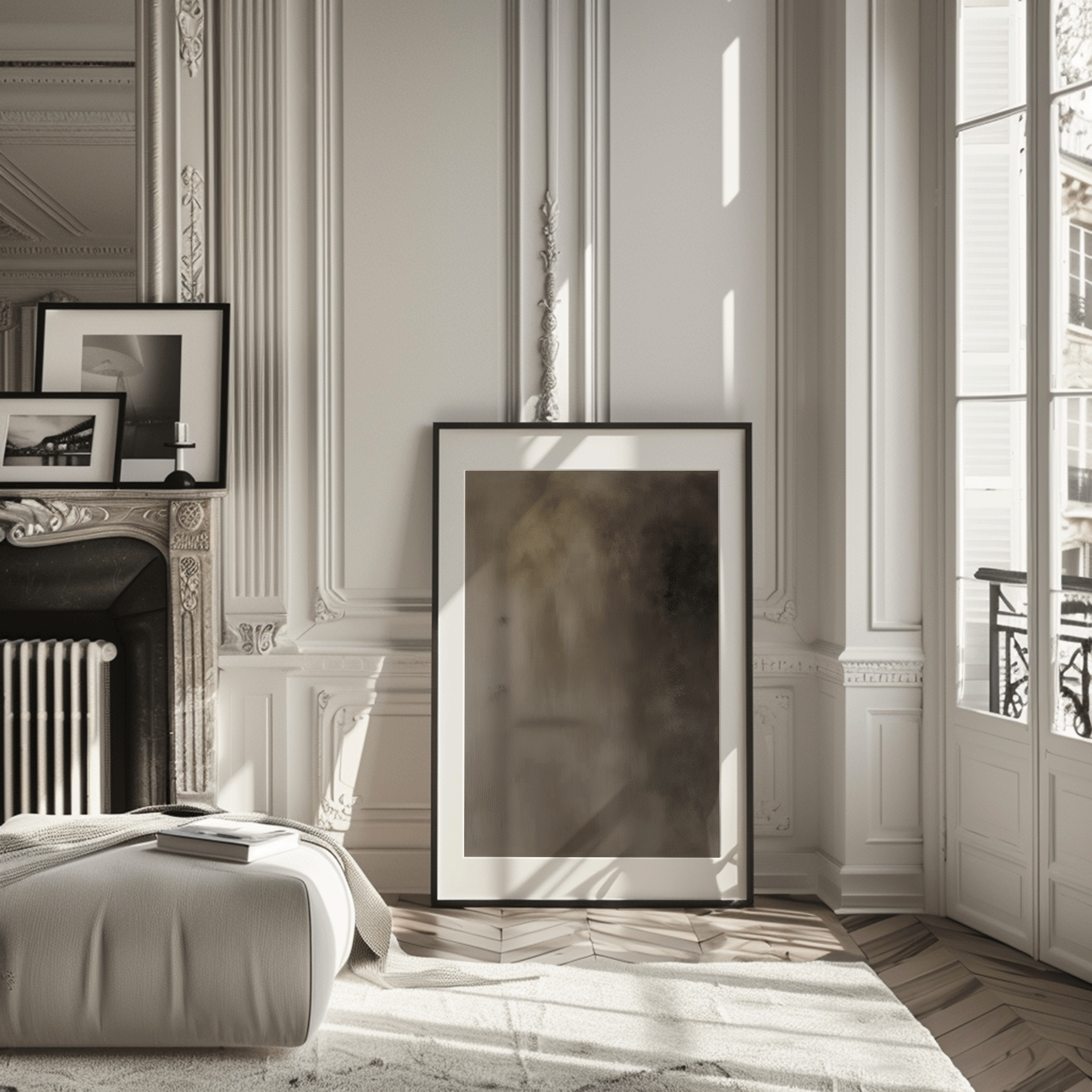Framed moody earthy brown abstract wall art leaning on floor in modern, neutral living room beside a fireplace