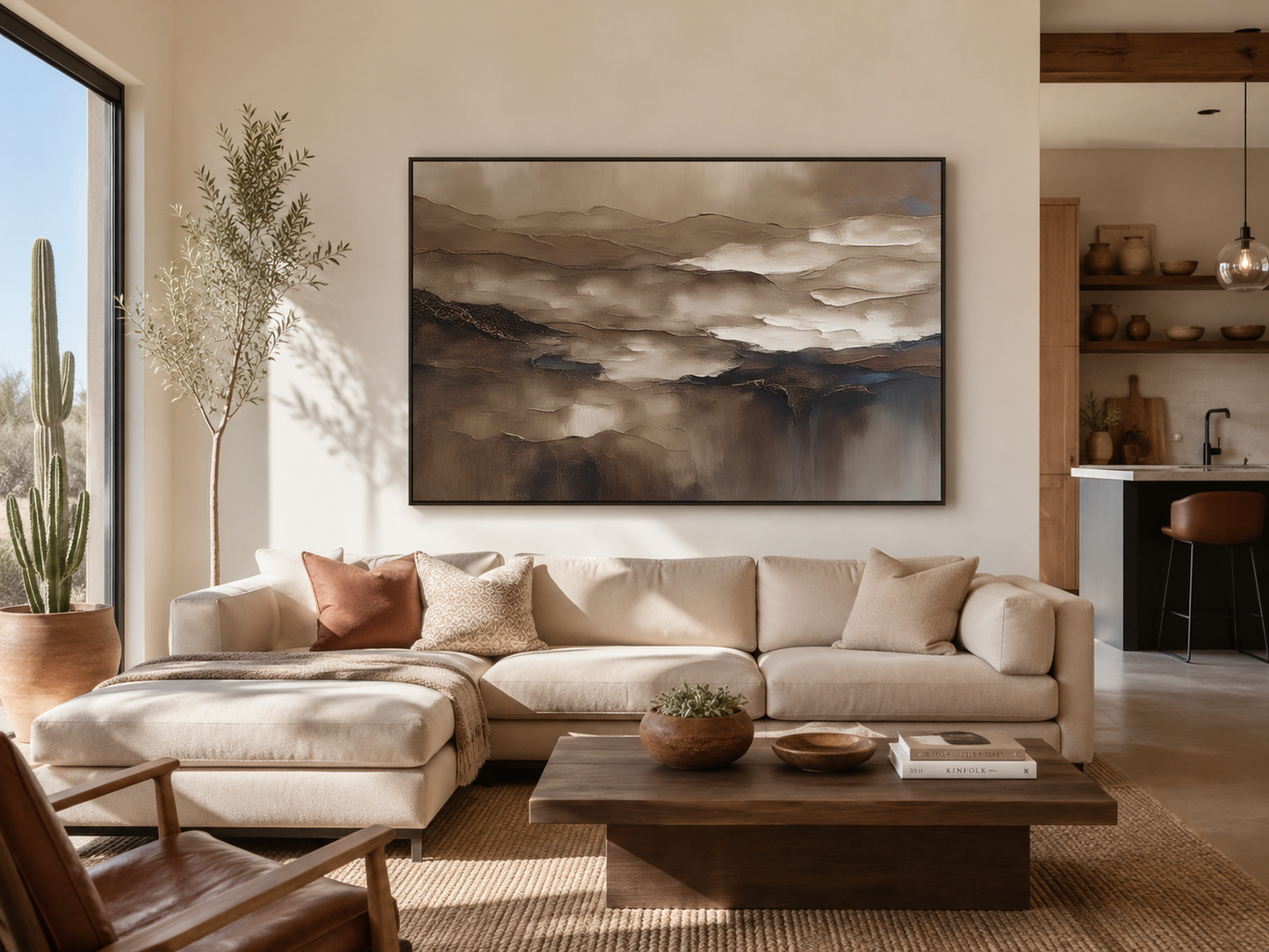 Brown and cream abstract desert landscape canvas wall art in a black frame in a warm living room