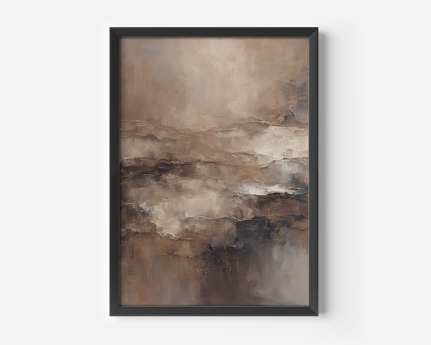 A framed canvas wall art featuring a moody abstract design with vintage beige and brown tones.