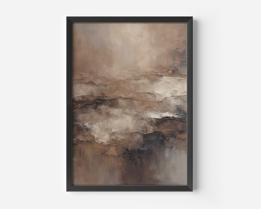 A framed canvas wall art featuring a moody abstract design with vintage beige and brown tones.