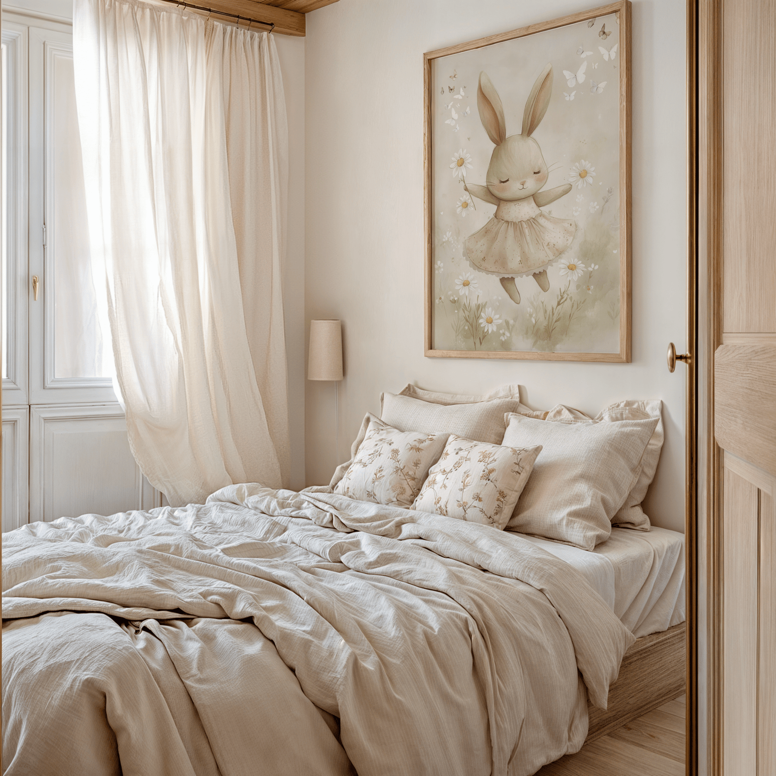 Bunny wall art in a natural frame above a bed with soft linen bedding in a neutral girl's bedroom
