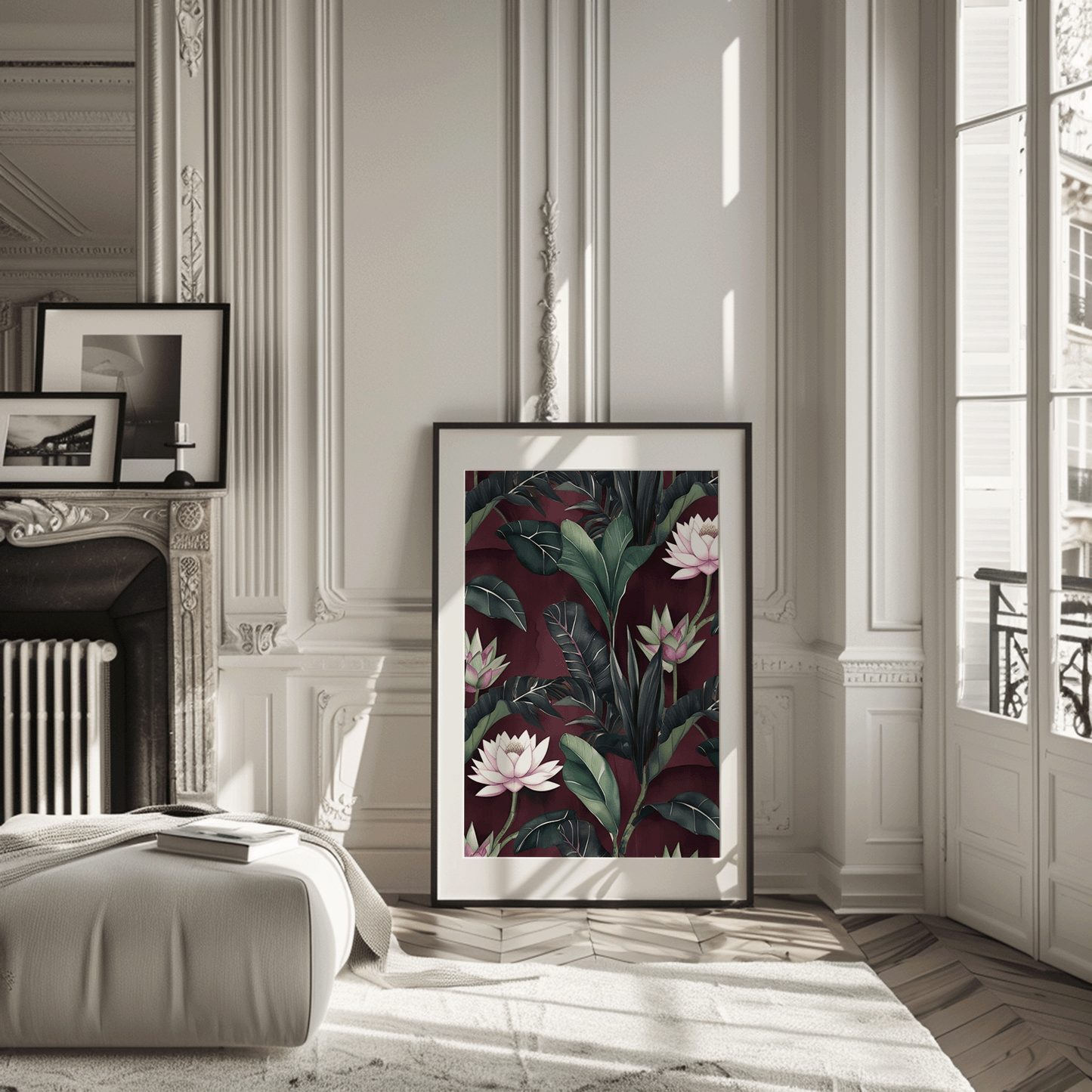 Burgundy botanical wall art in a black frame leaning in a classic modern apartment living room