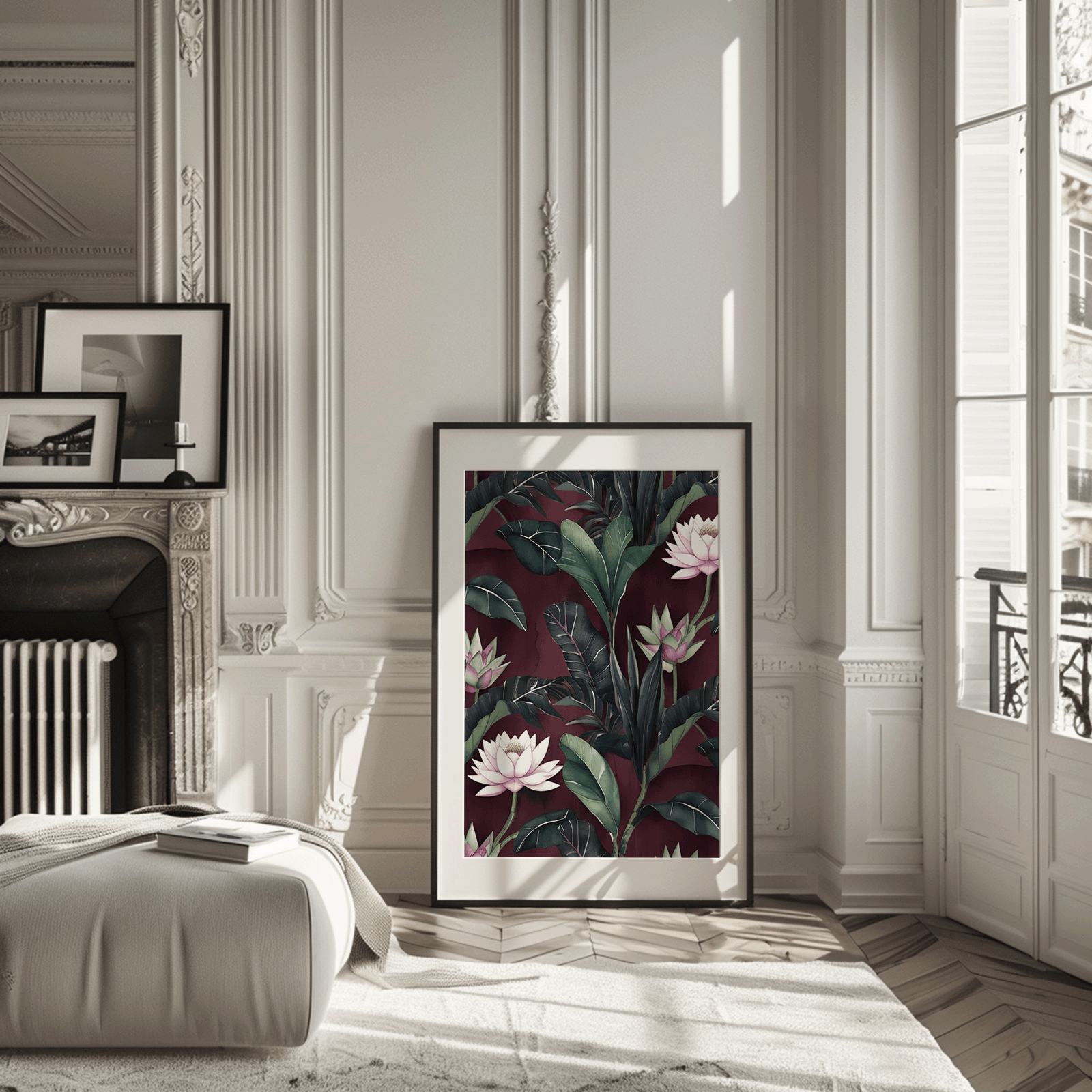 Burgundy botanical wall art in a black frame leaning in a classic modern apartment living room