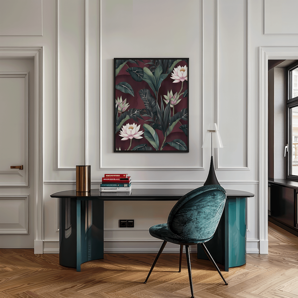 Burgundy floral wall art in a black frame above a desk in a modern home office