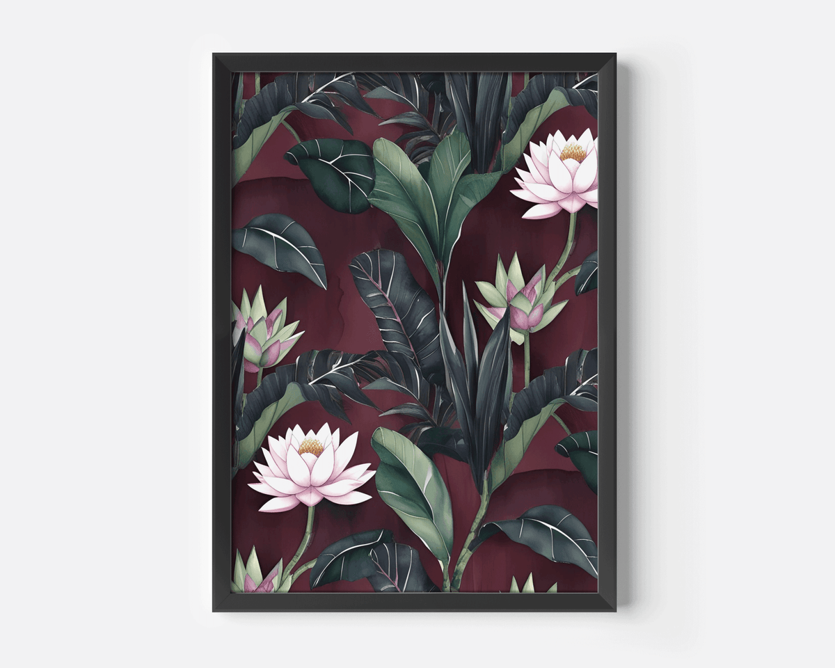 Burgundy floral wall art in a black frame, pink lotus and botanical leaves on a maroon background