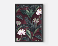 Burgundy floral wall art in a black frame, pink lotus and botanical leaves on a maroon background
