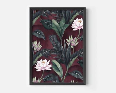 Burgundy floral wall art in a black frame, pink lotus and botanical leaves on a maroon background