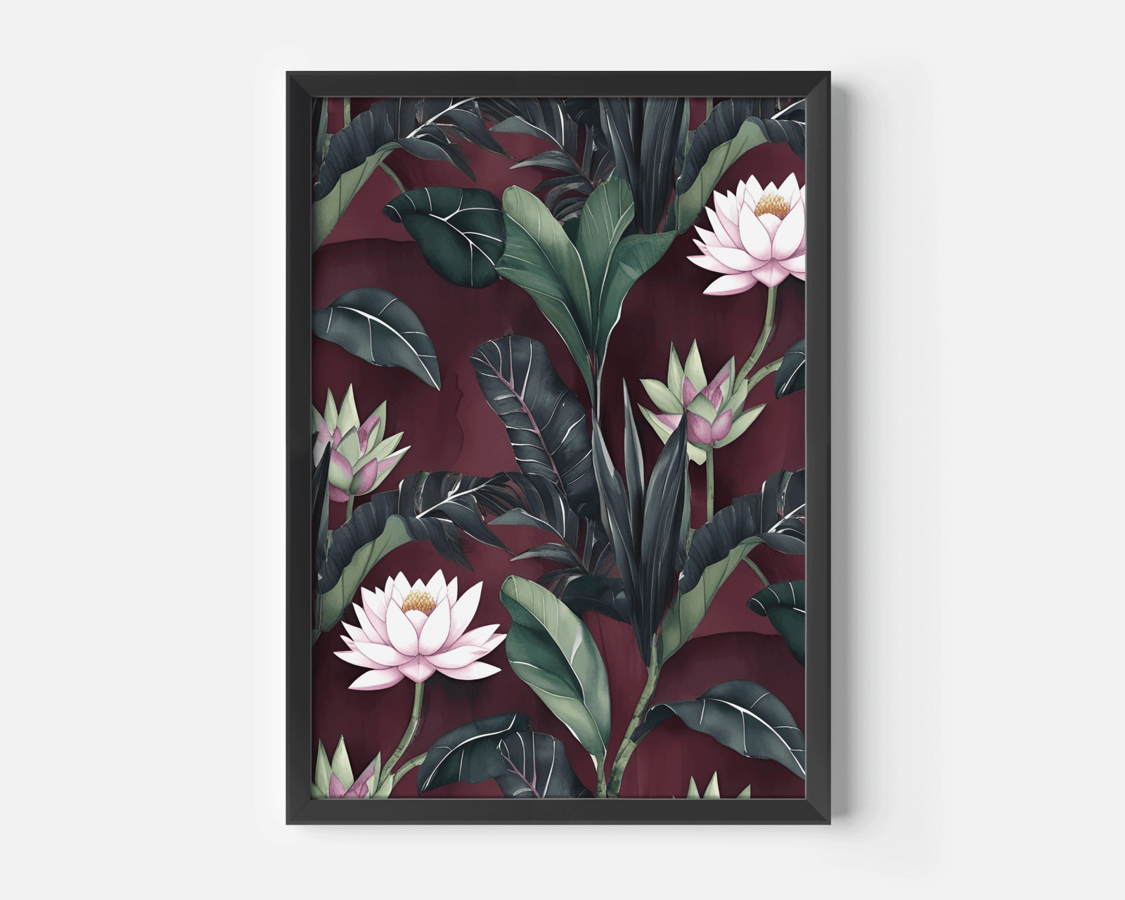 Burgundy floral wall art in a black frame, pink lotus and botanical leaves on a maroon background