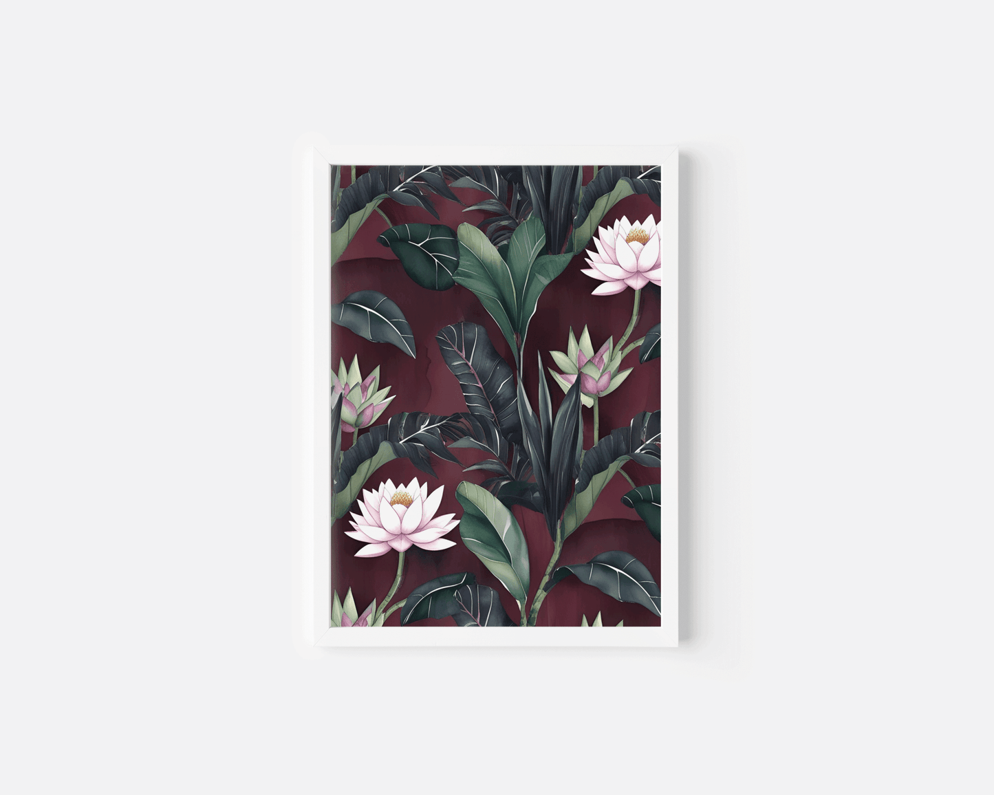 Burgundy floral wall art in a white frame, pink lotus and green botanical leaves on maroon
