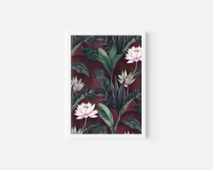 Burgundy floral wall art in a white frame, pink lotus and green botanical leaves on maroon