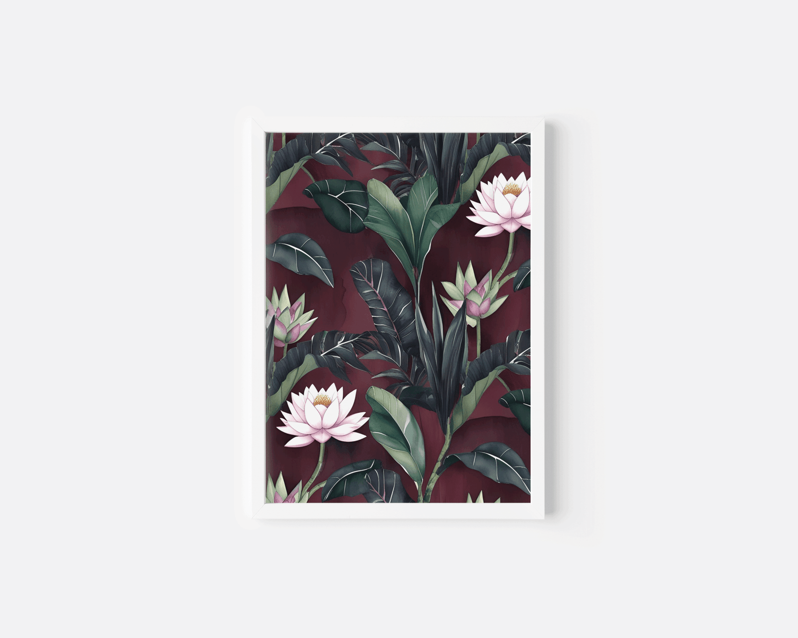 Burgundy floral wall art in a white frame, pink lotus and green botanical leaves on maroon