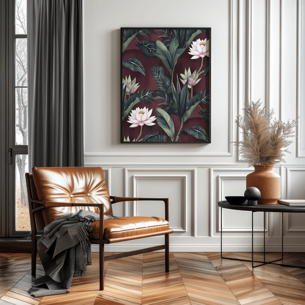 Burgundy lotus wall art in a black frame above a tan leather accent chair in a living room
