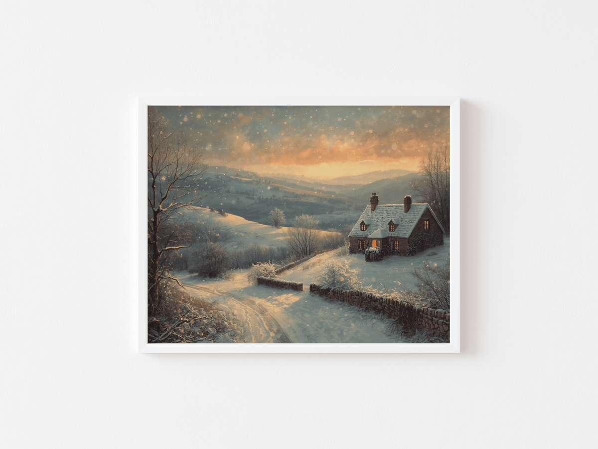 Vintage Christmas print of a cozy cottage among snowy hills under a warm twilight glow in a white frame
