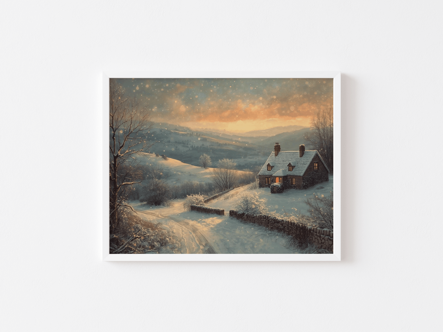Charming vintage Christmas wall art of a cozy cottage surrounded by snowy hills under a warm twilight glow, rendered in soft painterly tones for holiday home decor with a white frame.
