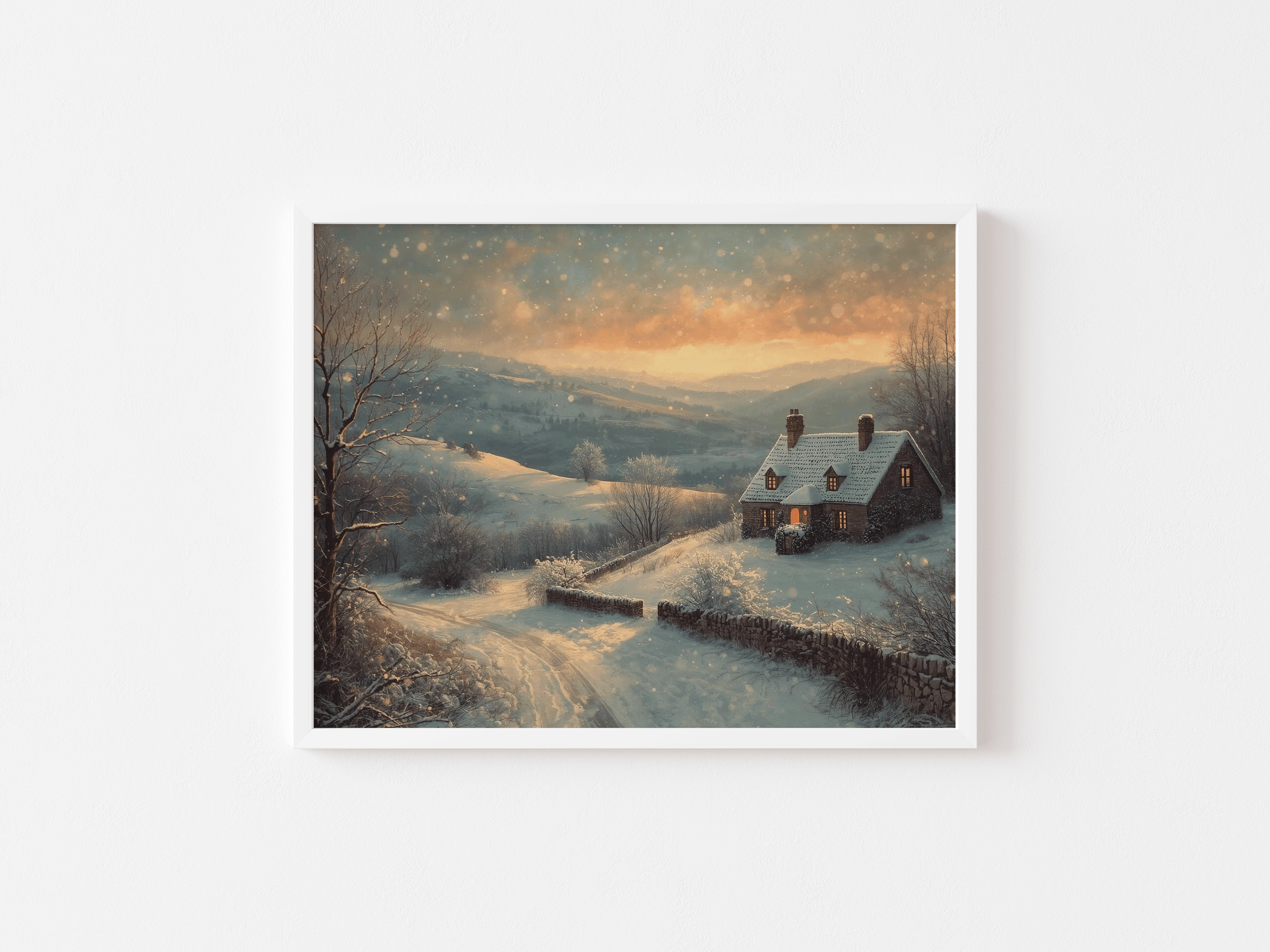 Charming vintage Christmas wall art of a cozy cottage surrounded by snowy hills under a warm twilight glow, rendered in soft painterly tones for holiday home decor with a white frame.